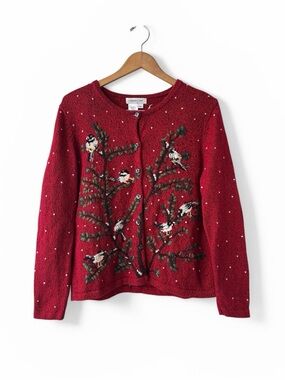 Coldwater Creek Bird Cardigan Red Embroidered  Sweater Medium